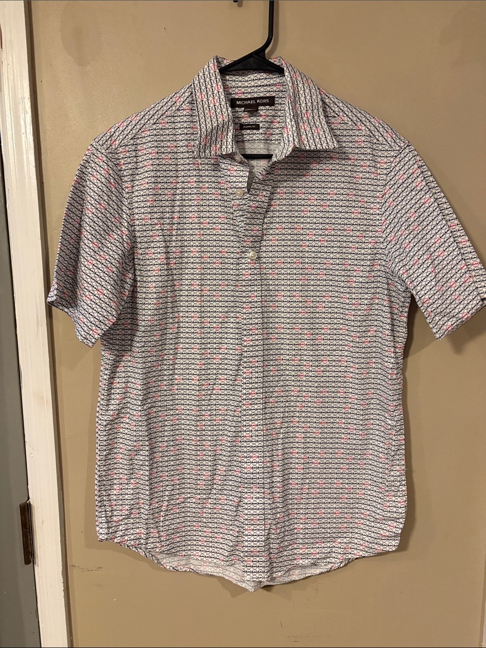 Michael Kors White Shirt with Pink and Navy Geometric Dots